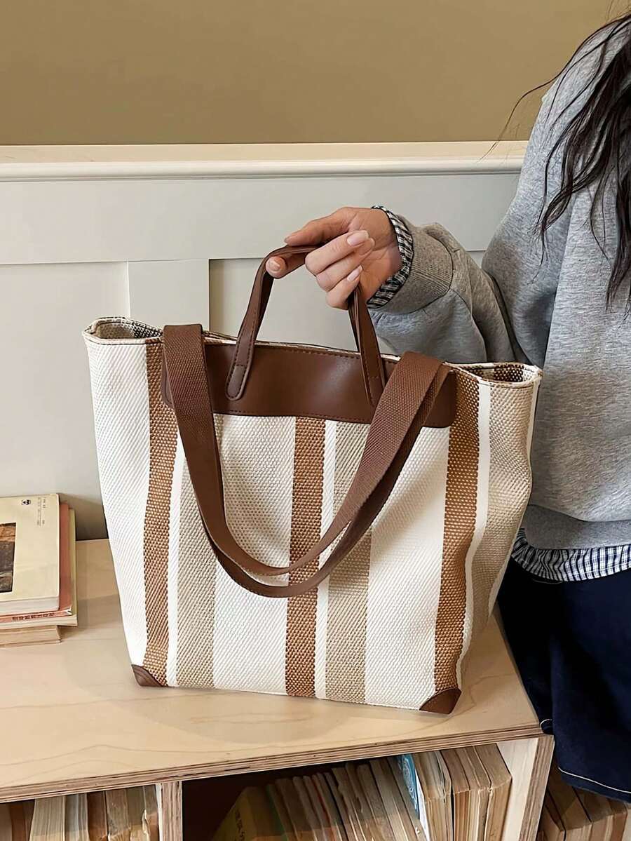 1 chiếc túi đeo vai đa năng kiểu dáng nghỉ dưỡng, túi tote sọc cỡ lớn thời trang, túi xách tay thanh lịch dùng hàng ngày khi đi làm và du lịch dành cho nữ.