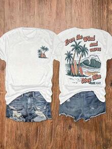 Camiseta con Estampado de Surf de Christian Beach, Cuello Redondo, Manga Corta, Casual, para Vacaciones, Ropa de Mujer - Multicolor - Ver 6