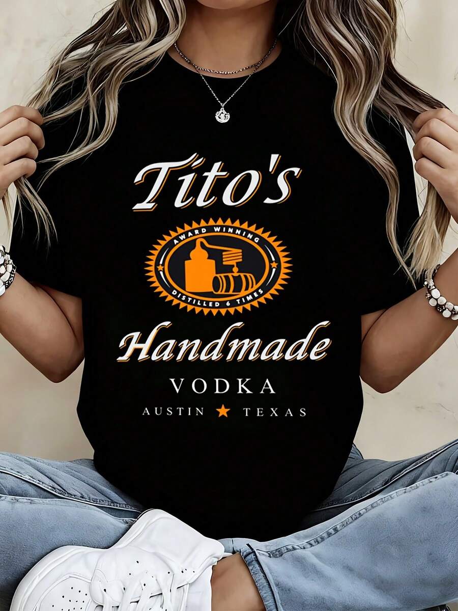 Titos Handmade Vodka Logo T Shirt Women Casual Short Sleeve Top White Cotton Graphic Tee Fashion Shirt - màu đen - Xem 1