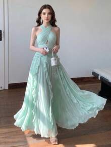Women's Elegant Sexy Multi-Layer Ruffle Patchwork Design Fashionable Flared Lightweight Luxury Solid Color Dress, Elegant Sexy Party Hollow Out Sequin Patchwork Wedding - Mint Green - View 3