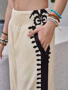 Top de tirantes con nudo y pantalones de pierna recta con estampado azul y blanco bohemio, conjunto de 2 piezas para vacaciones - Albaricoque - Ver 4
