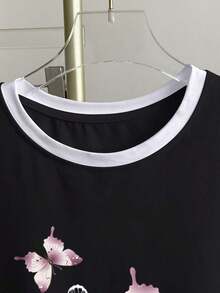 Camiseta de manga corta de mujer con estampado de cachorro colorblock y cuello redondo, casual de verano - Negro - Ver 3