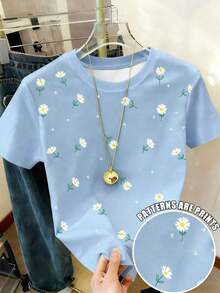 Camiseta casual versátil de mujer con cuello redondo y manga corta con estampado de margaritas - Multicolor 4 - Ver 1