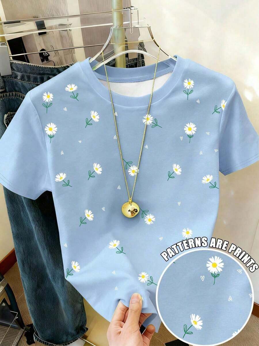 Camiseta casual versátil de mujer con cuello redondo y manga corta con estampado de margaritas - Multicolor 4 - Ver 1
