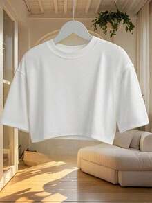 2 piezas Camiseta de manga corta y cuello redondo holgada y corta para mujer, adecuada para uso en primavera/verano, estilo casual/minimalista/elegante/sexy/streetwear/Y2K, apta para oficina/hogar/calle y diversas ocasiones - Blanco - Ver 10