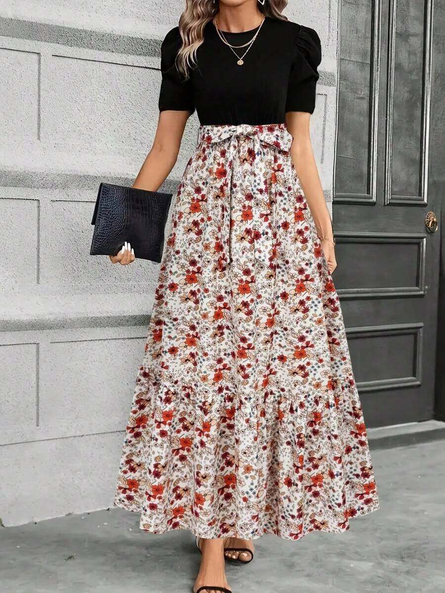 Vestido elegante de línea A con mangas abullonadas, decoración de lazo, diseño de bloques de color, cuello redondo, lavable a máquina, vestido casual para primavera/verano, adecuado para ir al trabajo, fiestas, playa, ocasiones de alta gama y vacaciones, color negro - Albaricoque - Ver 1