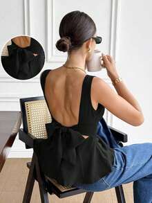 Camisa sin mangas y sin espalda elegante y casual de 100% algodón, conjunto de verano para damas - Negro - Ver 1