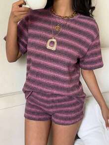 Conjunto de camiseta de manga corta y pantalones cortos de punto a rayas para mujer de estilo casual - Rosa 2 - Ver 6