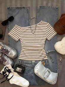 Camiseta casual de mujer con cuello asimétrico, estampado floral y de tigre, para verano - Blanco 2 - Ver 2