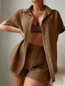 Swim Basics Conjunto casual de camisa tipo kimono y pantalones cortos de unicolor para mujer - Marrón - Ver 4