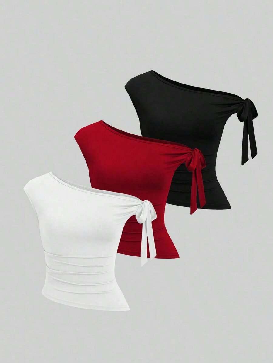 Sweetro Set de 3 camisetas casuales de mujer en unicolor con hombros oblicuos y cómodas - Multicolor 13 - Ver 1