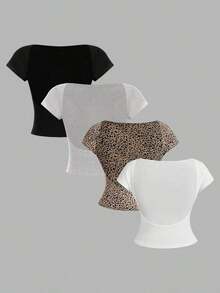 4 piezas Camisetas de mujer de cuello redondo, ajustadas, con espalda descubierta y diseño minimalista de patrones, adecuadas para el verano - Multicolor 12 - Ver 12