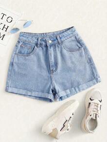 Shorts de mezclilla de cintura alta enrollados de verano - Lavado ligero - Ver 6