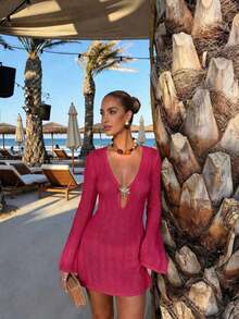 Vestido de manga larga de punto para mujer, estilo de vacaciones en la playa - Rojo ciruela intenso - Ver 6