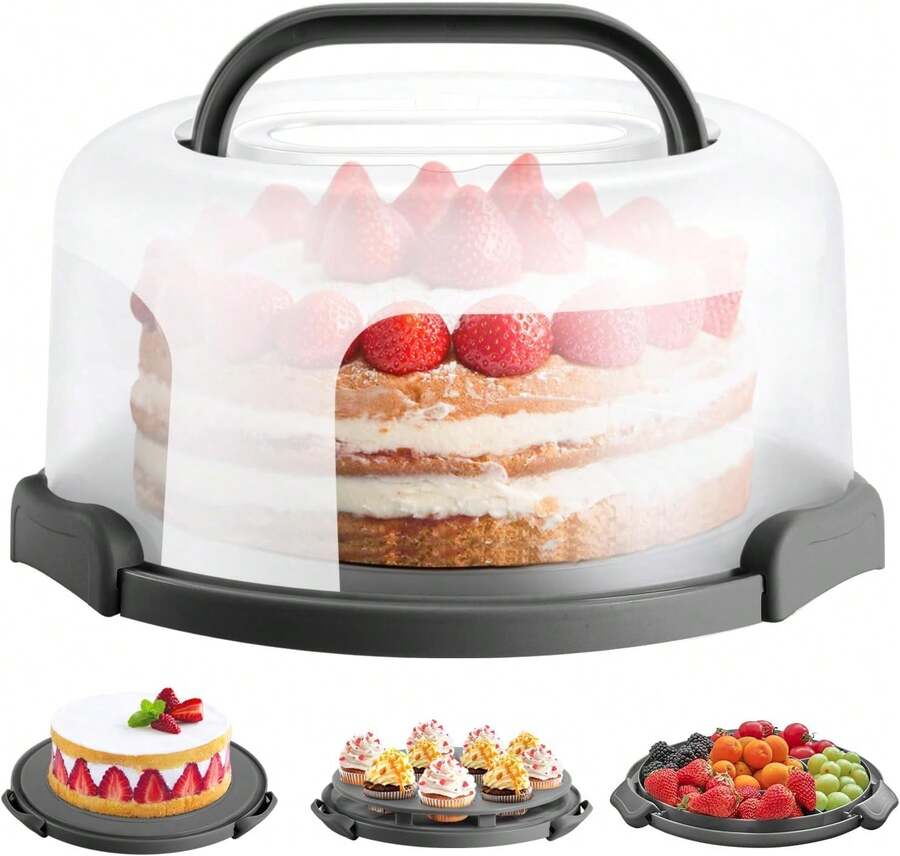 1 Pc Round 10 Inch Cake Transport Box With Lid & Carrying Handle, Cake Dome For Cakes Cupcakes Muffins - 黑色 - 查看 1