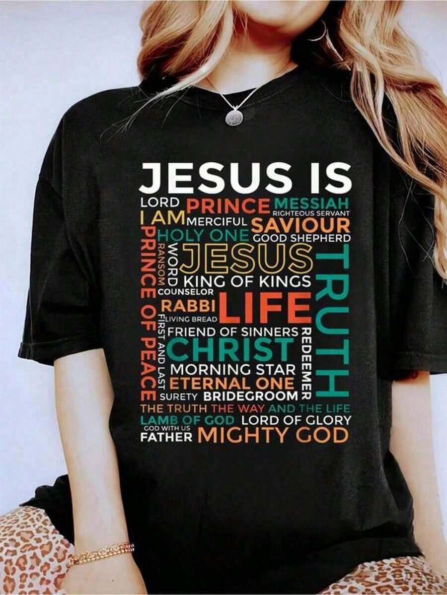 Women's Christian T-Shirt - Plus Sizes 0XL-4XL, T-Shirt With Faith Pattern And The Phrase "He Is King" And Bible Quotes, Breathable, 100% Inspirational, Short Sleeve, Suitable For Church, Casual Wear, Spring And Autumn - Machine Washable, Black With Colored Details - 黑色 - 查看 1