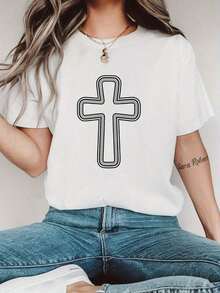 Women's Casual White Short-Sleeve T-Shirt With Black Cross Graphic Print - Relaxed Fit, Crew Neck, Breathable Fabric For Spring, Summer And All Seasons, Machine Washable, Women's T-Shirts, Everyday Wear, Minimalist Design, Comfortable Material, Basic T-Shirt, Minimalist Style - 白色 - 查看 6