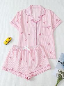 2 piezas Conjunto de pijama con top de manga corta con bolsillo y lazo, y shorts cómodos a rayas azules con cuello en forma de corazón, adecuado para uso en casa, primavera/verano - Rosa - Ver 1