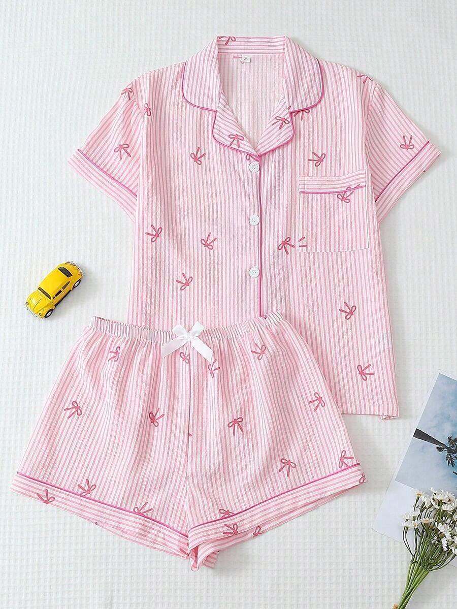 2 piezas Conjunto de pijama con top de manga corta con bolsillo y lazo, y shorts cómodos a rayas azules con cuello en forma de corazón, adecuado para uso en casa, primavera/verano - Rosa - Ver 1