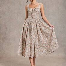 Elegante vestido sin mangas con estampado floral para mujer, adecuado para citas, vacaciones, fiestas de té, discotecas y reuniones, día de San Valentín, trajes de San Valentín para mujeres - Rojo - Ver 6