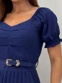 Women's Long Pleated Dress With Padded Cups, Elasticated Waist, Belt, Excellent Fit, Elegant, Soft Fabric - Màu xanh hải quân - Xem 3
