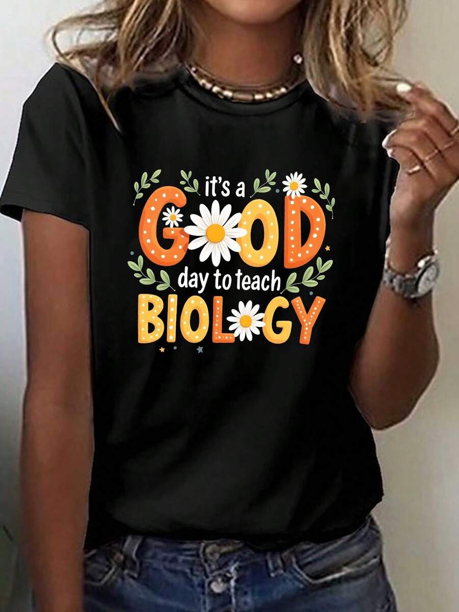 Women's Biology Teacher T-Shirt 2026 - Science-Themed Floral Print Featuring Daisies And DNA/Ribosome/Chloroplast Patterns, Short Sleeves And Crew Neck, Ideal For Science Classes, Lab Wear And Everyday Wear - Comfortable And Breathable, Suitable For All Seasons, Easy To Machine Wash, Loose Fit, Vibrant Biological Design, Printed With The Slogan "Today Is A Great Day To Teach Biology", Making It Ideal For Education Professionals. - 黑色 - 查看 1