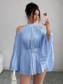 Elenzya Elegante camisa/blusa de mujer con mangas acampanadas y cintura ceñida para vacaciones - Celeste - Ver 4