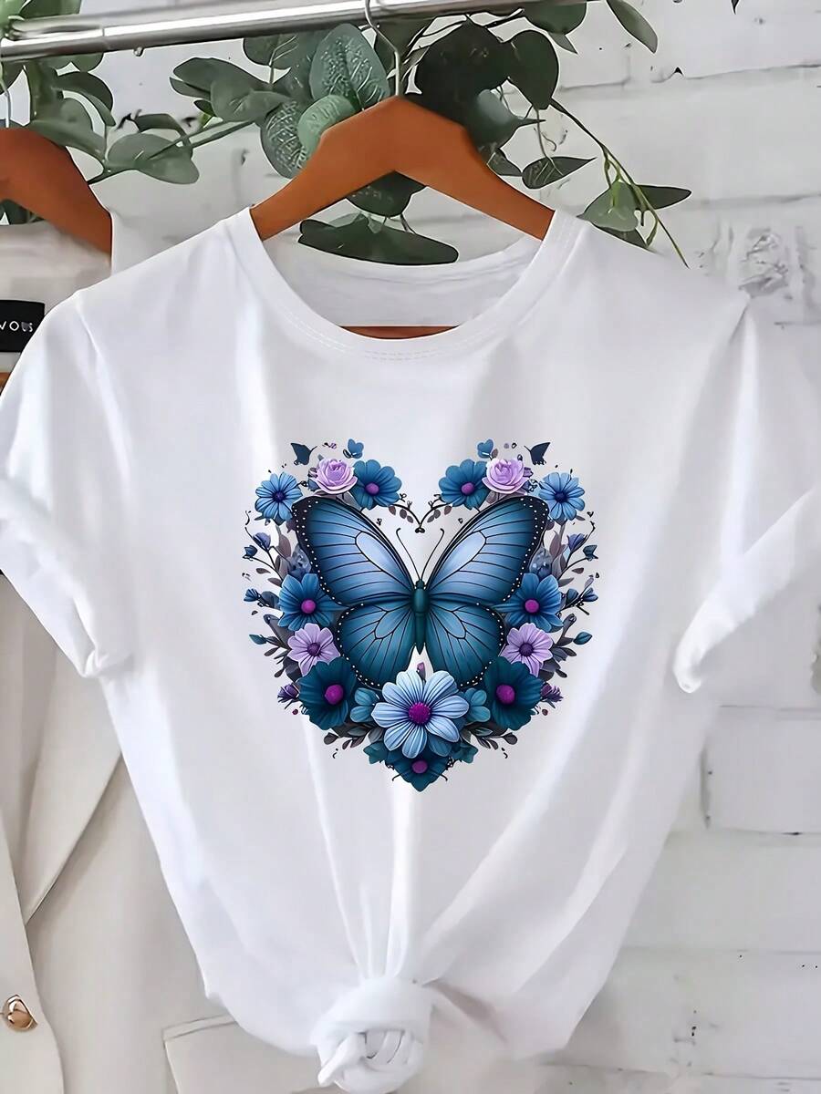Talla Grande, Camiseta de Manga Corta para Mujer con Estampado de Mariposas y Corazones Azules - Blusa de Cuello Redondo, Tela de Elasticidad Media Adecuada para Primavera, Verano y Otoño, Lavable a Máquina, Ropa Casual.