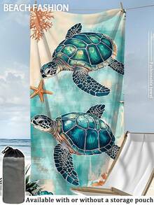 夏季速干吸水超细纤维沙滩巾 | 70*140/90*180厘米可选 | 海龟图案印花 | 便携式游泳/浴巾，可选配收纳袋，适用于沙滩、浴室、露营、健身、旅行 - 青碧色 - 查看 10