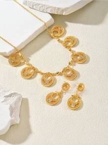 3pcs Vintage Palace Style Hollow Geometric Necklace & Earrings Luxury Jewelry Set, Suitable For Women's Party Wear - Gold - View 4