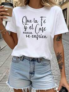 Fe española y café tema impreso cuello de la tripulación de la mujer camiseta, texto escrito a mano decoración de manga corta casual, café cálido amante del uso superior - Blanco - Ver 2