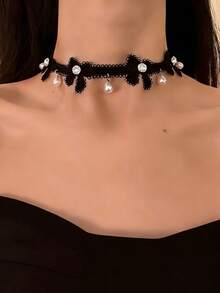 1pc White Lace Bow Choker Necklace, Elegant Minimalist Restraint Style Neck Accessory For Women - Three Black Bows - View 2