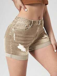 Pantalones Cortos De Mezclilla Con Borde Deshilachado - Caqui - Ver 3