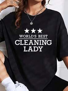 1 Piece Women's Graphic T-Shirt "World's Best Cleaning Woman" Star Design Casual Top Funny T-Shirt For Cleaning And Maintenance Staff, 180g 100% Soft Cotton. - 黑色 - 查看 8