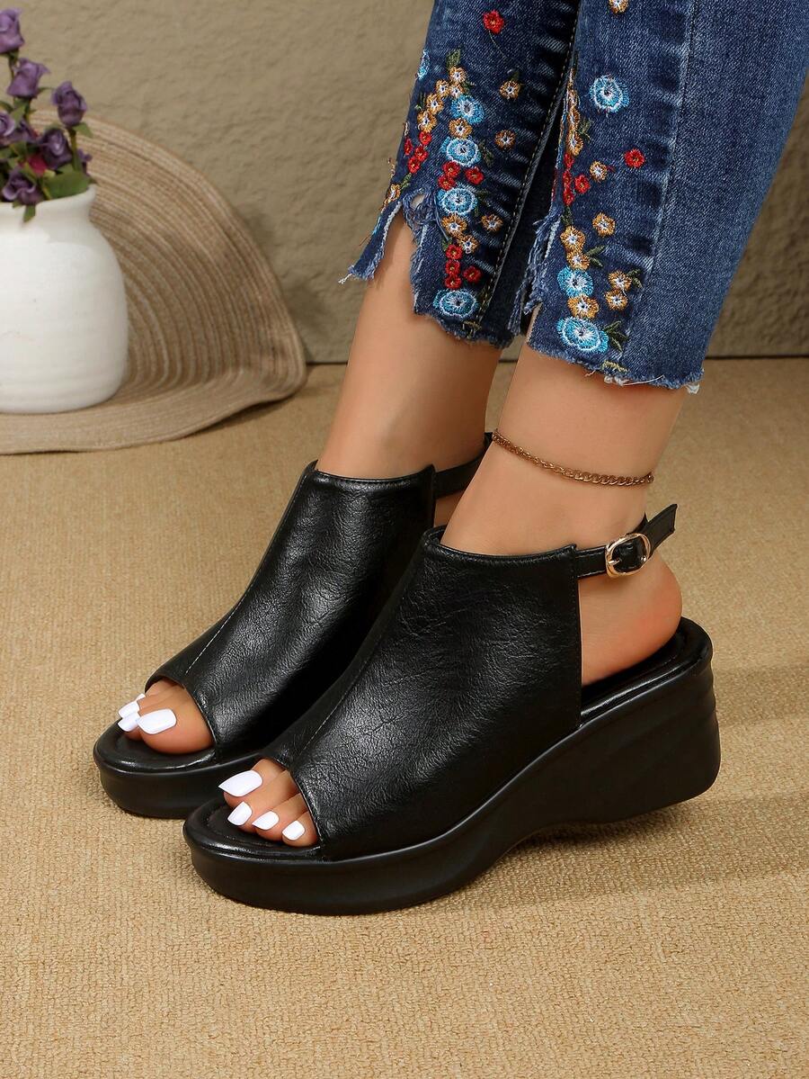 Women's Thick Sole Wedge Sandals Open Toe High Heel Wedge Casual Lightweight Fashion Buckle Strap Sandals - Black - View 1
