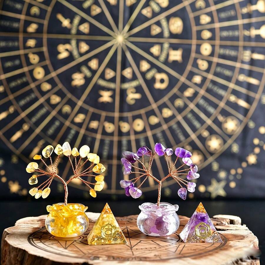 1set Natural Crystal Gravel Fortune Tree With Pyramid Ornaments, Citrine, Amethyst, Office Desk Ornaments, Home Decoration, Holiday Gifts, Exquisite - Aquarium Tree + 2cm Pyramid - View 1