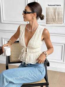 Blusa de verano con diseño de volantes y lazo, cuello en V romántico francés, cintura ajustada con lazo, sin mangas, diseño de bordado 3D plisado, color crema, fresca, estilizadora y dulce, top casual para verano, salir, playa, vacaciones, vacacio - Albaricoque - Ver 1