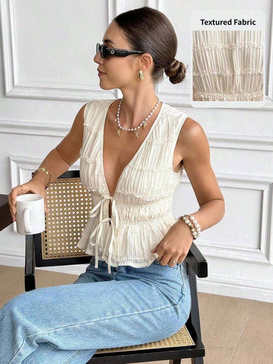 Blusa de verano con diseño de volantes y lazo, cuello en V romántico francés, cintura ajustada con lazo, sin mangas, diseño de bordado 3D plisado, color crema, fresca, estilizadora y dulce, top casual para verano, salir, playa, vacaciones, vacacio - Albaricoque - Ver 1