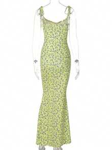 Modelo popular vestido largo mujer con estampado de flores pequeñas - Amarillo - Ver 7