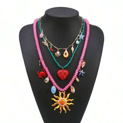 Mydear Set de 3 collares con colgante de vida marina y corazón del sol de estilo bohemio multicapa y colorido, adecuado para usar en vacaciones en la playa de las mujeres