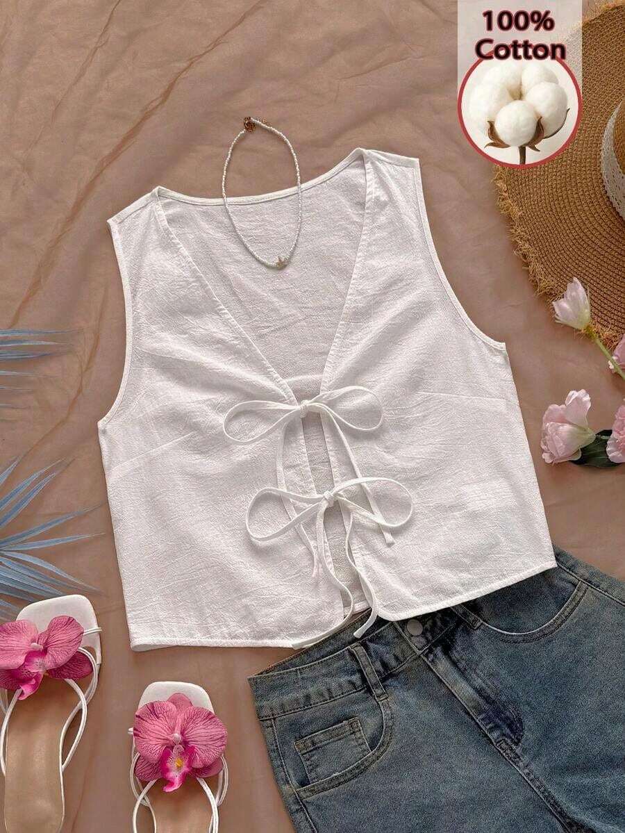 Blusa de tirantes con estampado tropical, cuello en V y mangas acampanadas con nudo, para vacaciones de verano para mujeres - Blanco - Ver 1