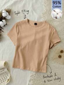 1 pieza Camiseta ajustada de forma sólida 95% algodón - Caqui - Ver 11