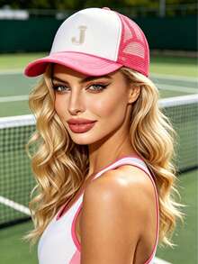 1 pieza Gorra de camión con diseño de letras, gorra de béisbol de malla con diseño de 26 alfabetos con estilo de moda Y2K, ajustable, ligera de 5 paneles, adecuada para primavera/otoño, exterior, viajes y playa - Rosa blanca - Ver 3