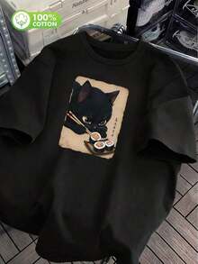 Camiseta de manga corta con estampado divertido de gato 100% algodón, diseño único de lote pequeño, camiseta casual para mujer, tela suave, cómoda camiseta de cuello redondo, camiseta negra retro, ropa de mujer, para usar en primavera/veranoPure-Cotton - Negro 1 - Ver 3