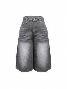 Teen GirlTrendy Distressed Black Oversized Wide Leg Denim Capri Pants, Streetwear Style - Grey - View 4
