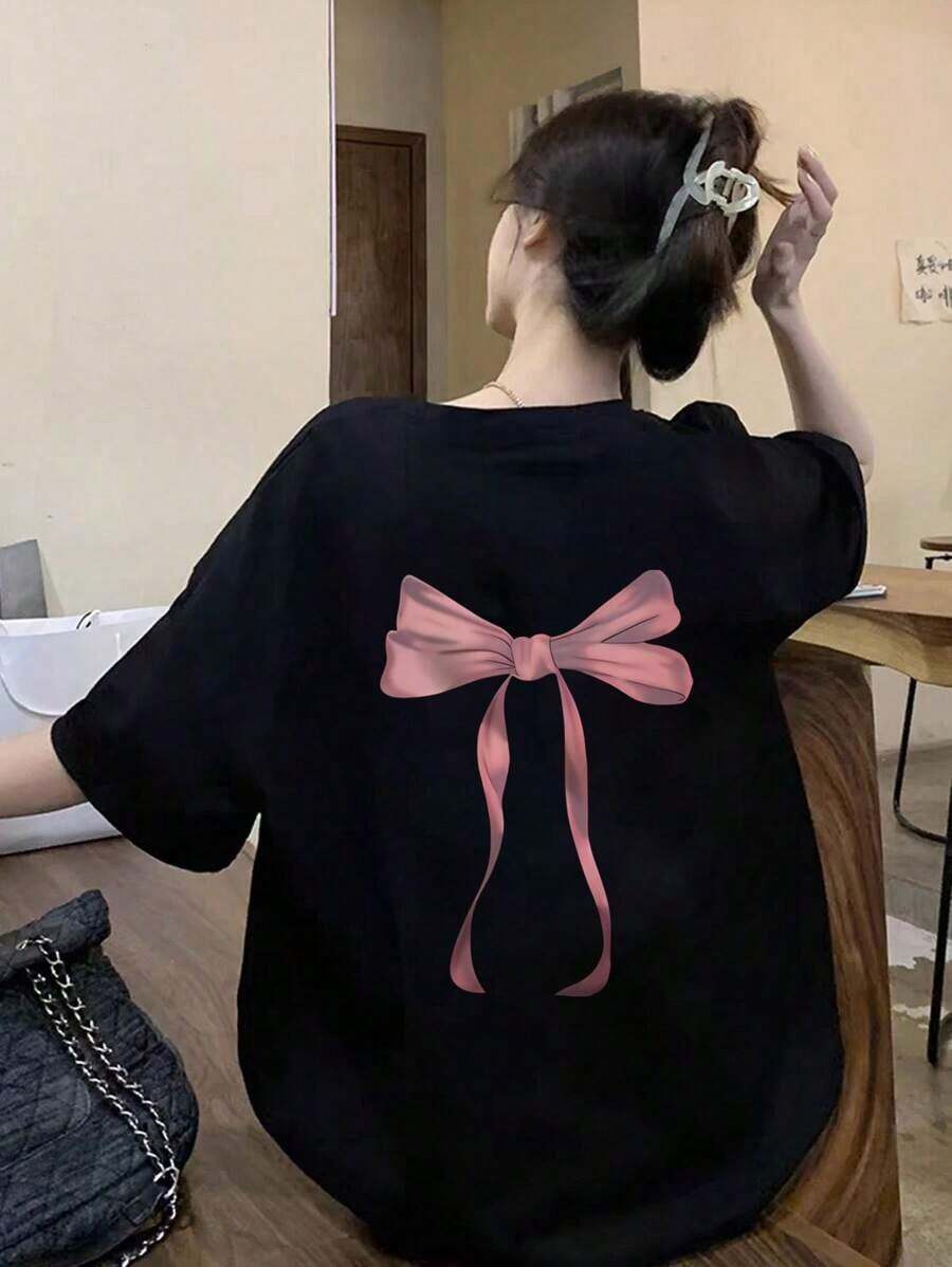 Estilo Y2K, estilo de moda, lo más nuevo de 2026, estilo lindo, estilo casual.Camiseta oversize con estampado de mariposa para mujer, de corte holgado, cuello redondo de manga corta, camiseta gráfica para mujeres180g(S-XXXL) - Negro - Ver 1