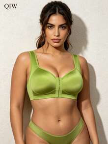 1pc Glossy Fabric Women's Casual Everyday Bra, Wireless Front Closure One-Piece Fixed Non-Slip Strap Underwear - Green - View 4
