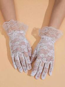 1 Pair Of Women's White Lace Trim, Sexy Short Gloves, Bridal Wedding Gloves, Party Decoration Gloves, - View 6