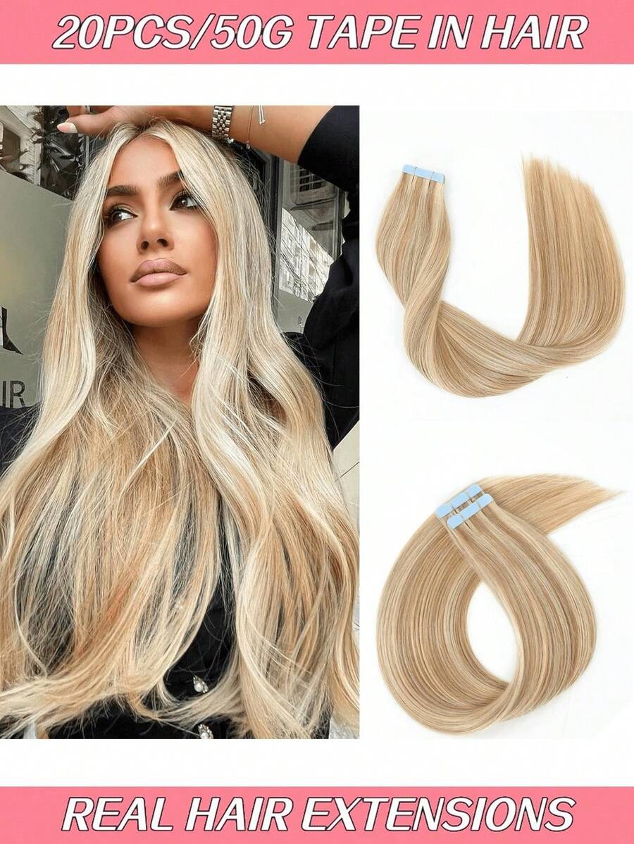 20PCS/50G Par Pack Of Adhesive Hair Extensions Premium Hair 100% Natural Remy Hair, 35 To 61 Cm, Nature Black, Hair Extensions Humains Haut De Gamme Conçues Pour Les Femmes à Usage Quotidien, Extensions à Bande Adhésive, Pose Rapide, Discrète Et Durable, Extensions Adhesives Ideals For A Rajout De Cheveux Immédiat, Pose Sans Chaleur Et Respectent La Fiber Capillaire - S18/613 - Xem 1