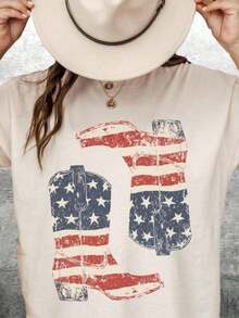Camisa Western Vintage, Camisa del 4 de Julio, Camisa con Botas de Vaquero, Camisa Western Cowgirl para Mujer, Talla Grande, Mujer, Hombre, Unisex, Camiseta Clásica de Manga Corta de Algodón Grueso 100% Algodón con Estampado Gráfico, Top Casual de Manga Corta para Mujer - Blanco - Ver 1